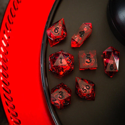 Blood Red Glitter Liquid Core Handmade Resin DND Dice Set by Runic Dice