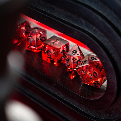 Blood Red Glitter Liquid Core Handmade Resin DND Dice Set by Runic Dice