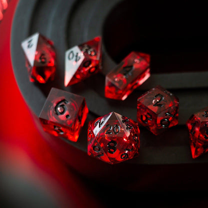 Blood Red Glitter Liquid Core Handmade Resin DND Dice Set by Runic Dice