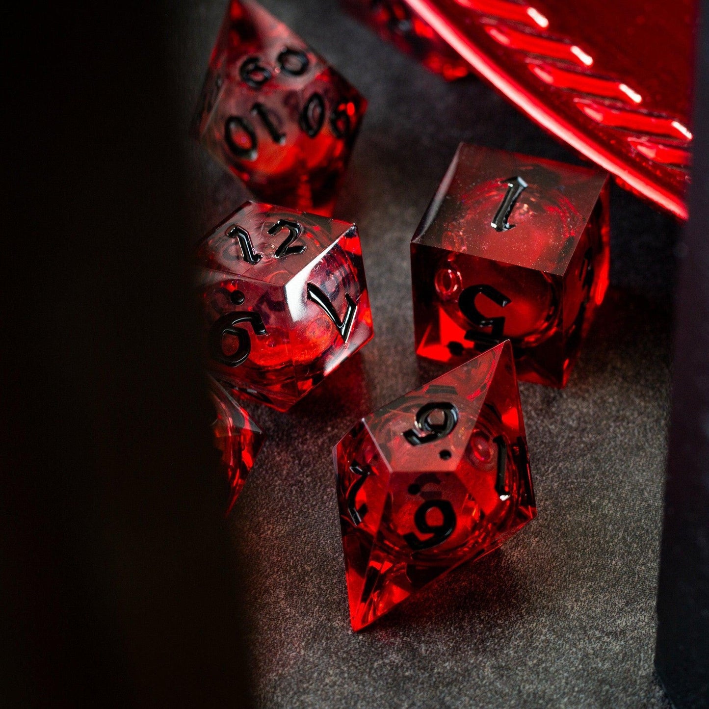 Blood Red Glitter Liquid Core Handmade Resin DND Dice Set by Runic Dice