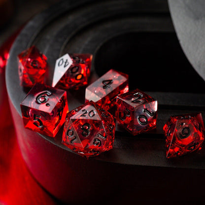 Blood Red Glitter Liquid Core Handmade Resin DND Dice Set by Runic Dice