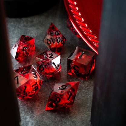 Blood Red Glitter Liquid Core Handmade Resin DND Dice Set by Runic Dice