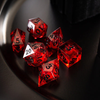 Blood Red Glitter Liquid Core Handmade Resin DND Dice Set by Runic Dice