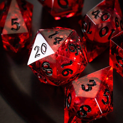 Blood Red Glitter Liquid Core Handmade Resin DND Dice Set by Runic Dice