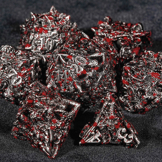 Bloodstained dragon head shaped metal hollow DND dice set