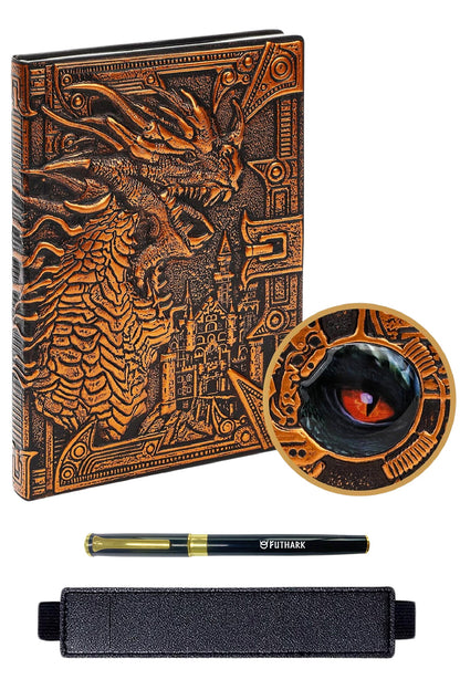 DND Notebook Journal – 200 Pages with 3D Bronze Dragon, Pen & Pen Holder