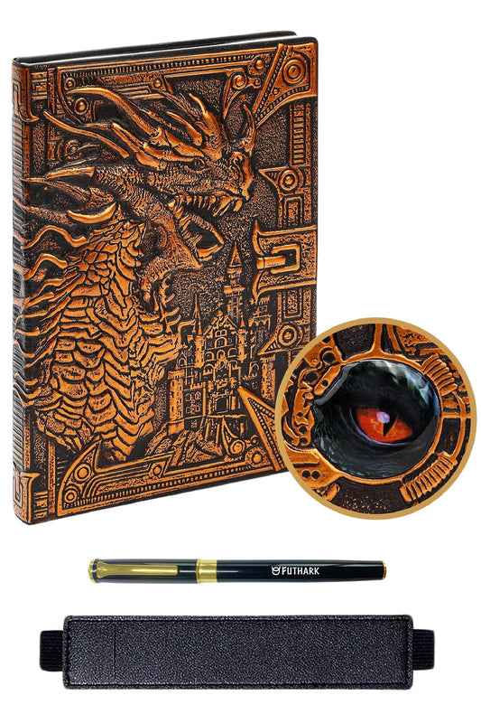 DND Notebook Journal – 200 Pages with 3D Bronze Dragon, Pen & Pen Holder