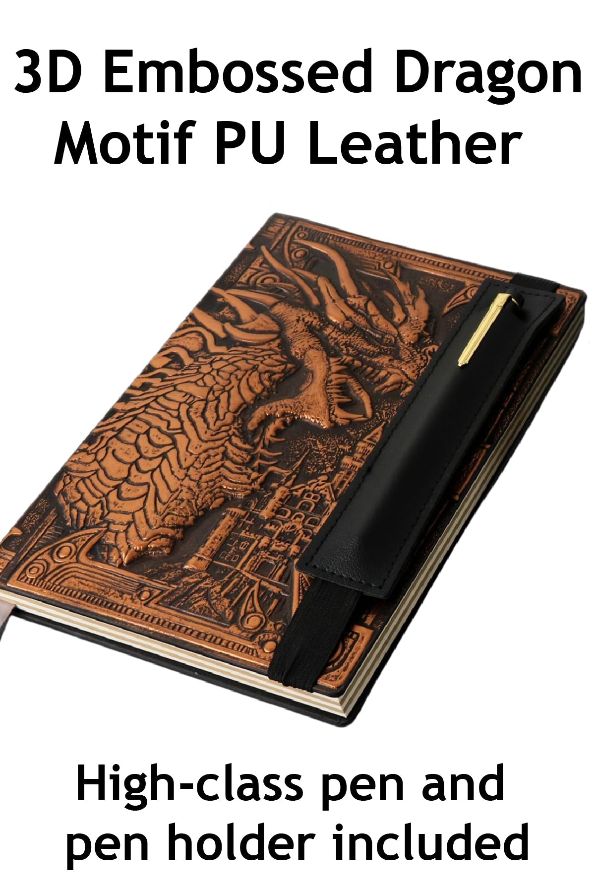 DND Notebook Journal – 200 Pages with 3D Bronze Dragon, Pen & Pen Holder