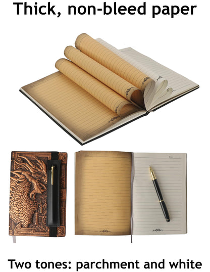 DND Notebook Journal – 200 Pages with 3D Bronze Dragon, Pen & Pen Holder
