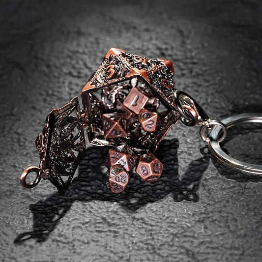 Multicolor Metal Hollow D20 Dice Necklace、Keychain + Mini DND Dice Set