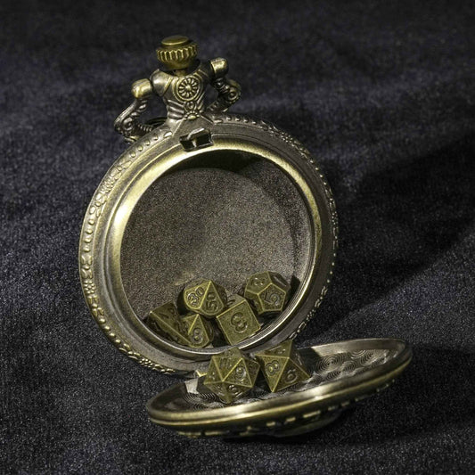 Bronze Skull Dual Guns Steampunk Dice Pocket Watch + 7 Mini Metal DND Dice Set