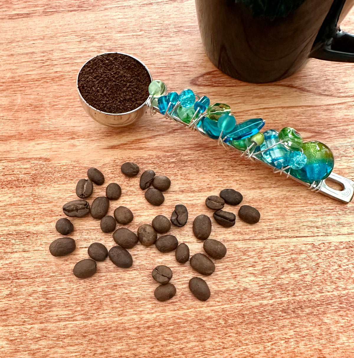 Beaded Wire Wrapped Coffee Scoop - Turquoise & Green