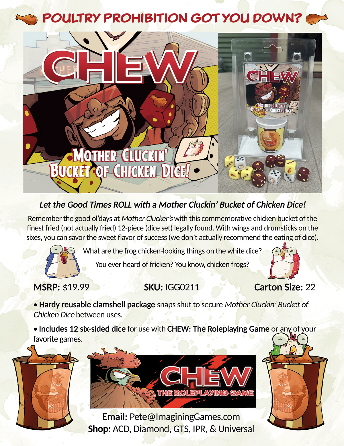 CHEW: Mother Cluckin' Bucket of Chicken Dice – 12 Custom d6s for CHEW RPG