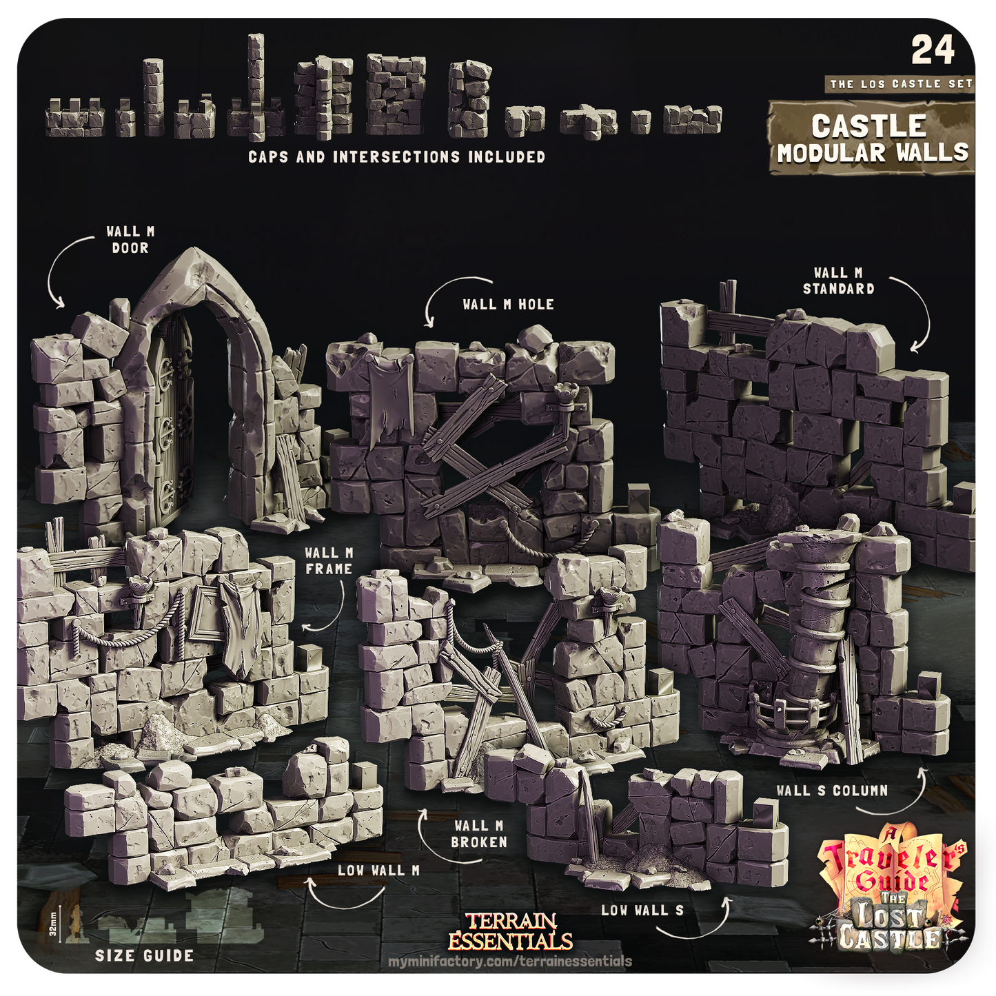 Cast n Play Castle Modular Walls — The Lost Castle Terrain Set – 3D Printed 28mm 32mm D&D