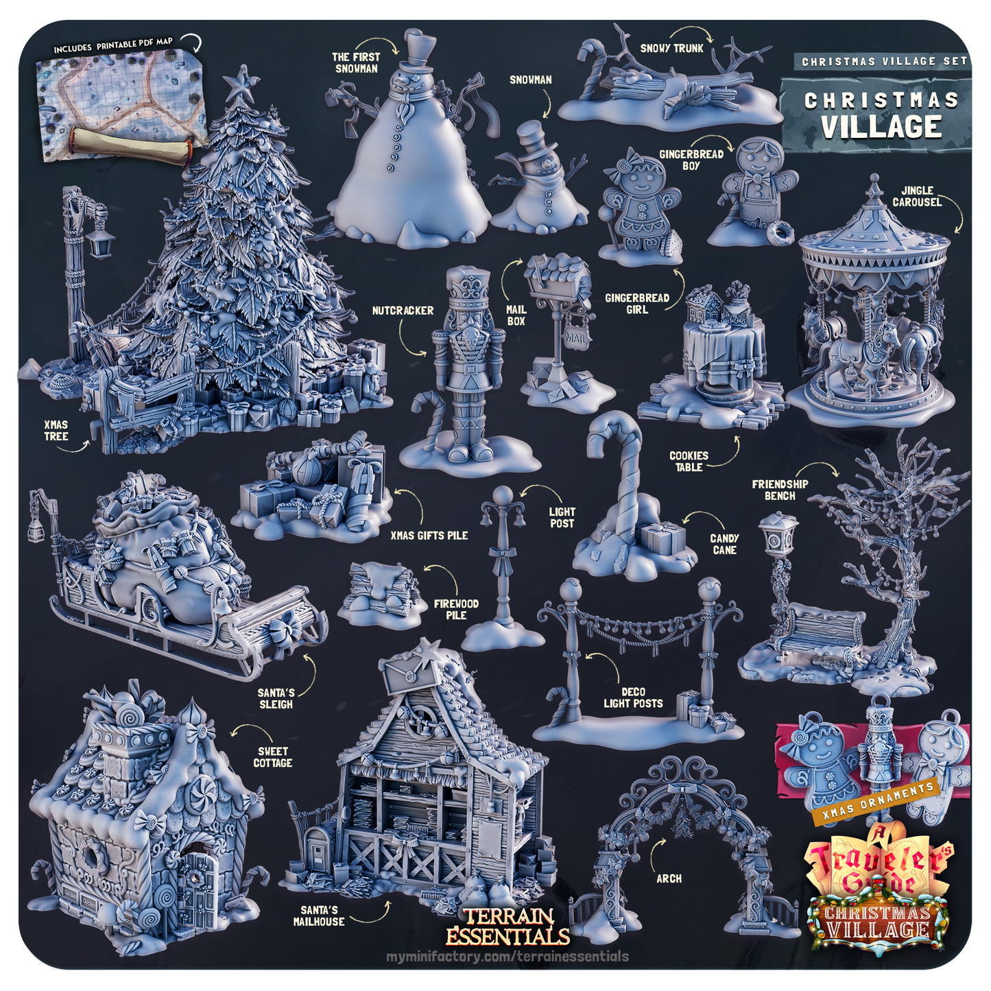 Cast n Play Christmas Village Terrain Set – 3D Printed 28mm 32mm D&D