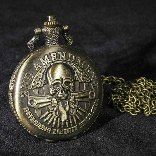 Bronze Skull Dual Guns Steampunk Dice Pocket Watch + 7 Mini Metal DND Dice Set