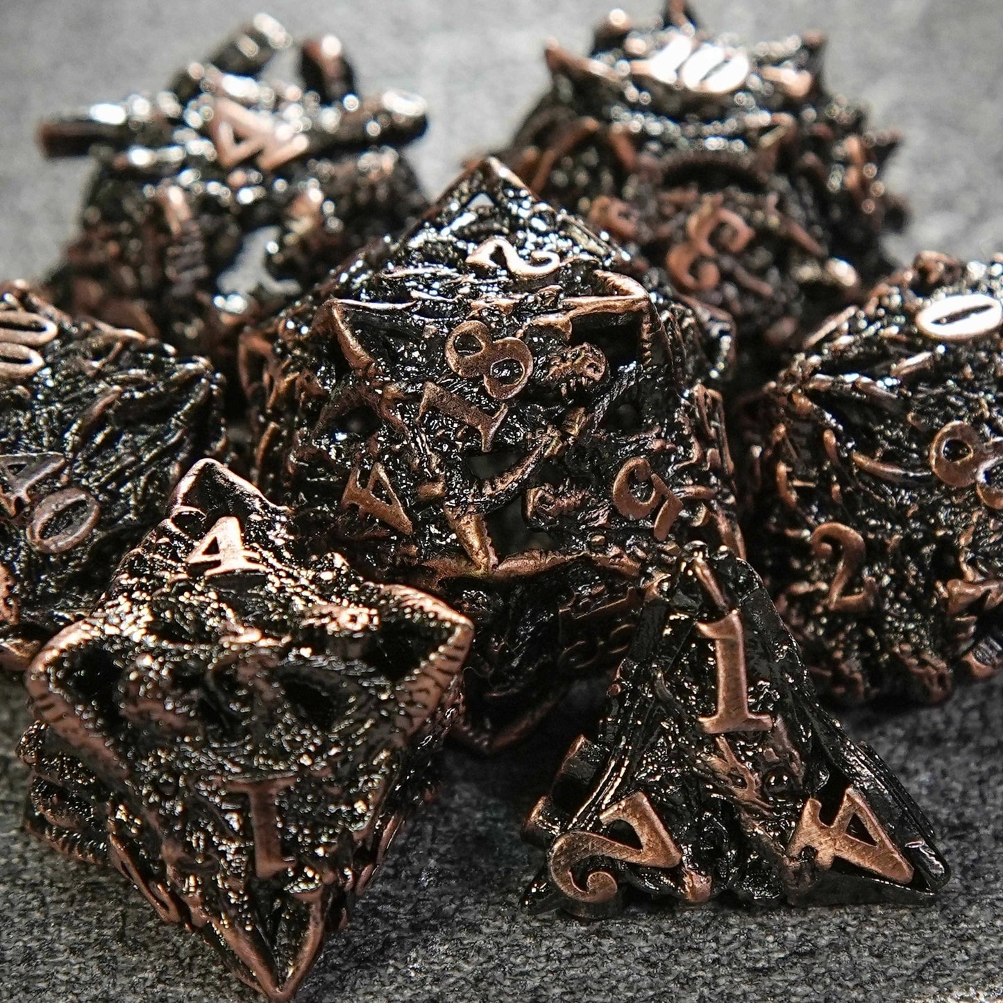 Dragon head skeletonized metal dnd dice set + reddish copper color
