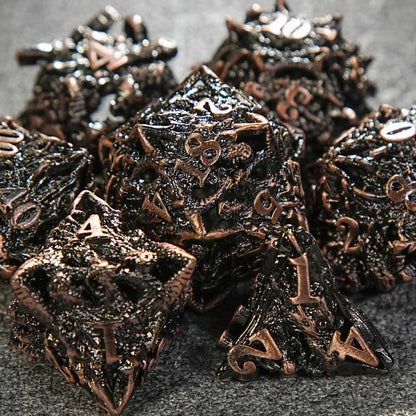 Dragon head skeletonized metal dnd dice set + reddish copper color