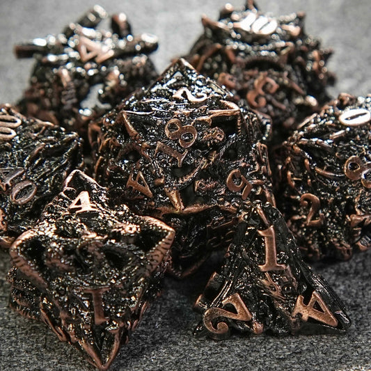 Dragon head skeletonized metal dnd dice set + reddish copper color