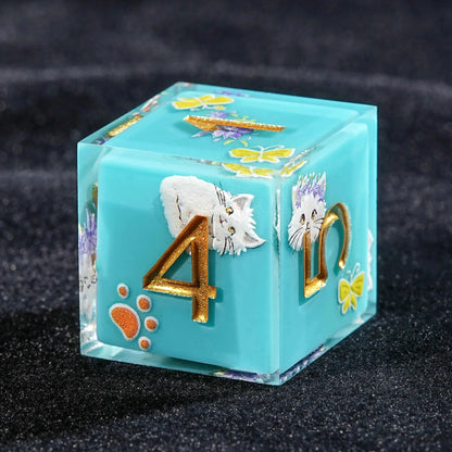 Plush White Cat Blue Resin DND Dice Set + Gold Font
