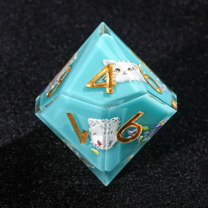 Plush White Cat Blue Resin DND Dice Set + Gold Font