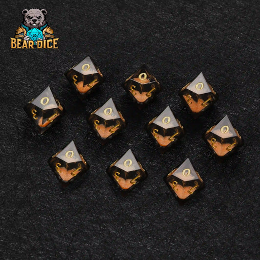 Orange Resin d10 Die + Gold Numerals (Ten-Sided Die)