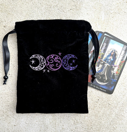 Triple Moon Velvet Tarot Bag with Drawstring – Witchy Gift for Tarot & Oracle Lovers