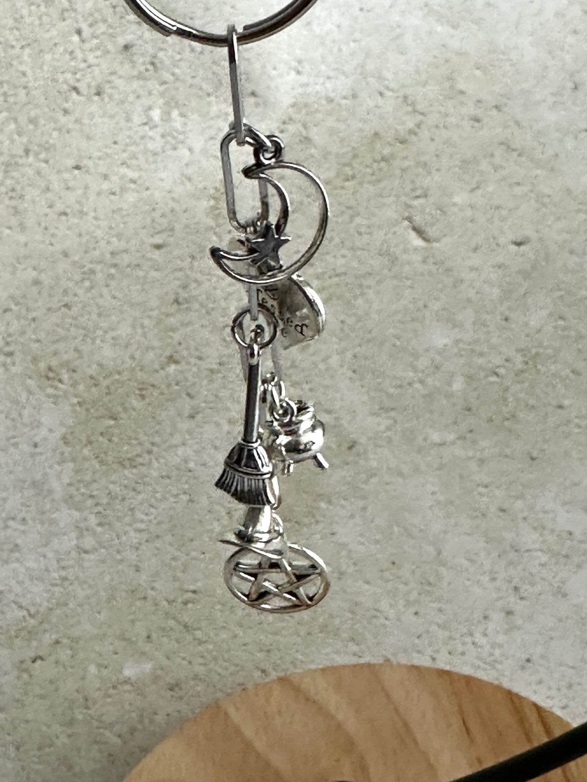 Witchy Bag Charm Keychain – Silver Pentacle, Moon, Witch Hat & Star Charms