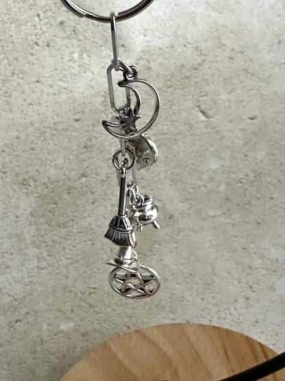 Witchy Bag Charm Keychain – Silver Pentacle, Moon, Witch Hat & Star Charms