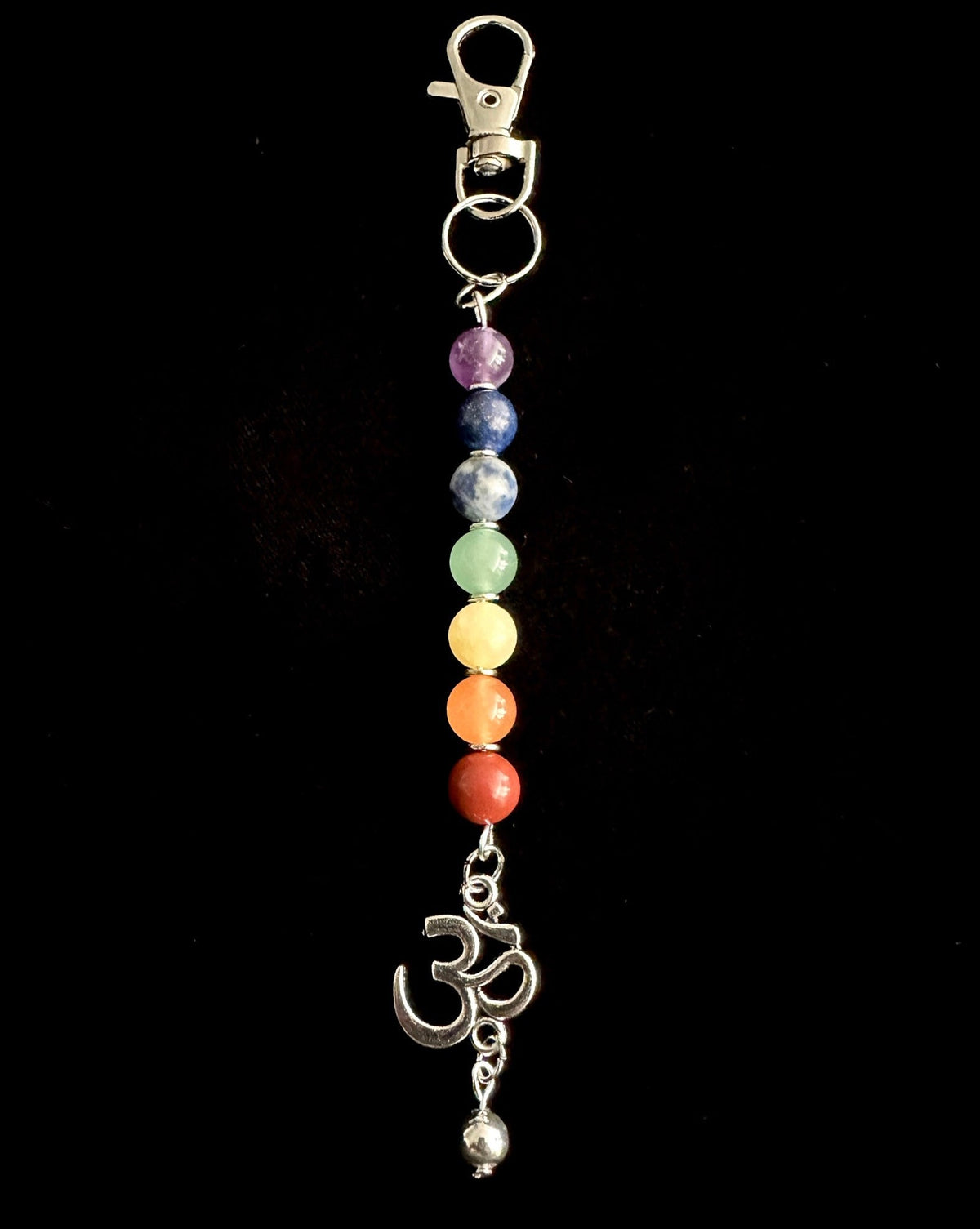 7 Chakra Crystal Gemstone Bag Charm – Reiki Infused Keychain with Silver Lotus, Moon or Om Charm