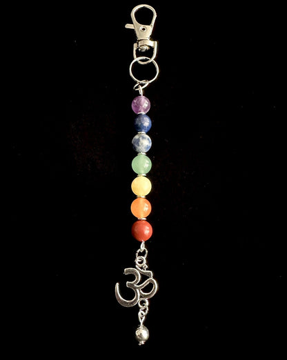 7 Chakra Crystal Gemstone Bag Charm – Reiki Infused Keychain with Silver Lotus, Moon or Om Charm