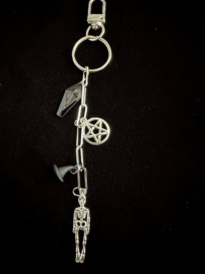 Spooky Horror Bag Charm Keychain – Silver & Black Coffin, Pentacle, Witch Hat & Skeleton