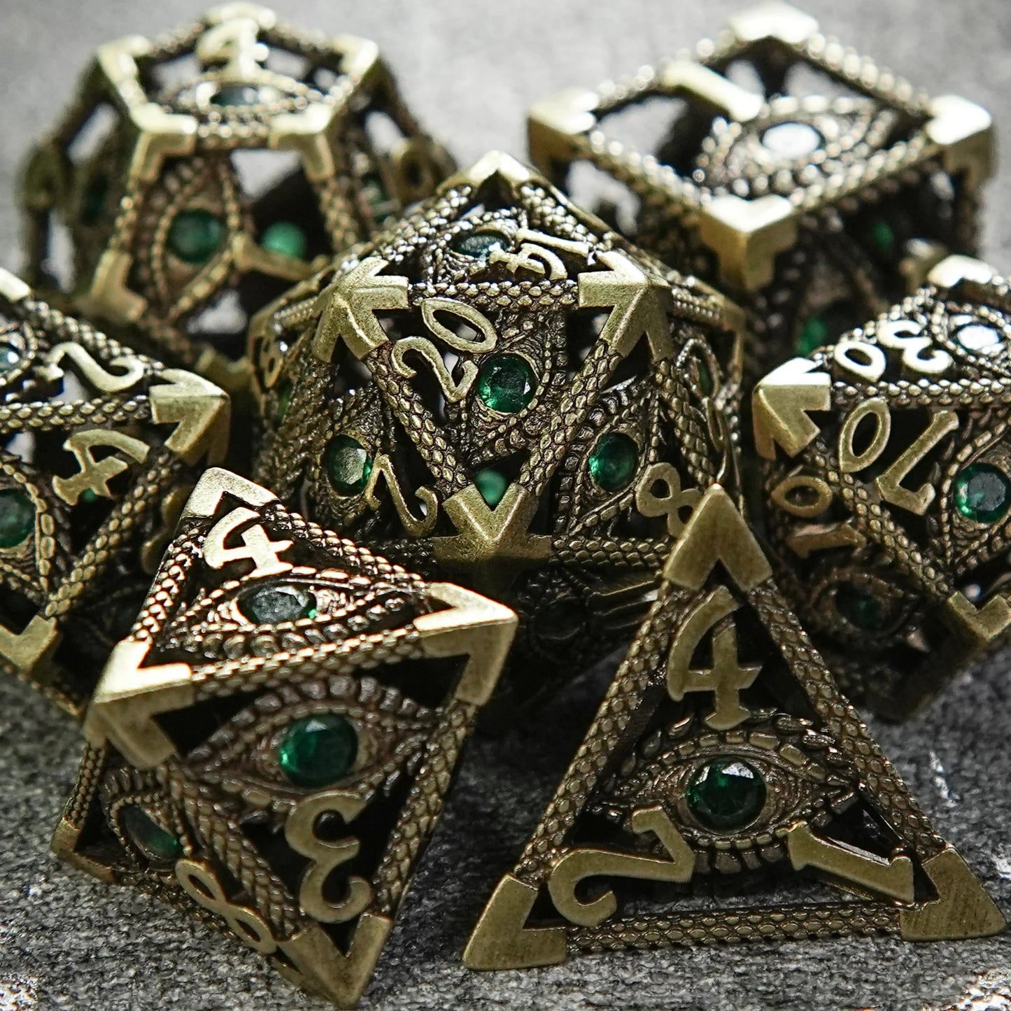 Bronze Emerald Dragon Eye Hollow Metal DND Dice Set