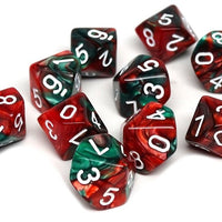 D10 Pack - Ten Count Pack of Green and Red Swirl 10 Sided Dice