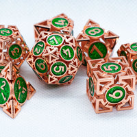Rose Gold w/Green Deadly Arrow Dice | 7-Dice RPG Set High Visibility