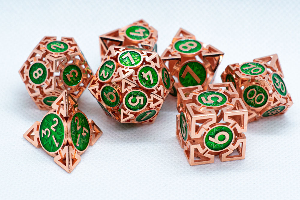 Rose Gold w/Green Deadly Arrow Dice | 7-Dice RPG Set High Visibility