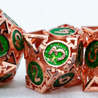 Rose Gold w/Green Deadly Arrow Dice | 7-Dice RPG Set High Visibility