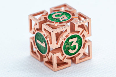 Single d6/d20  Rose Gold w/Green Deadly Arrow Dice