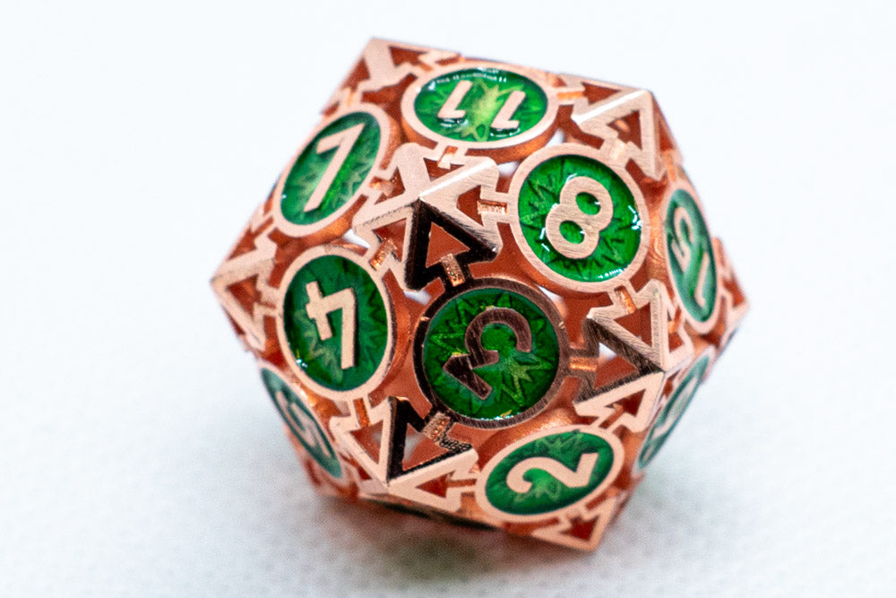 Single d6/d20  Rose Gold w/Green Deadly Arrow Dice