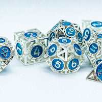 Tritan Silver w/Blue Deadly Arrow Dice | 7-Dice RPG Set High Visibility