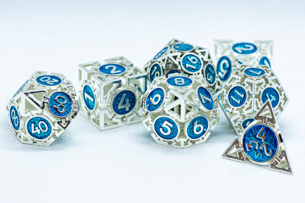 Tritan Silver w/Blue Deadly Arrow Dice | 7-Dice RPG Set High Visibility
