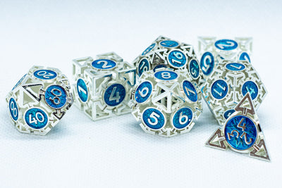 Tritan Silver w/Blue Deadly Arrow Dice | 7-Dice RPG Set High Visibility