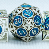 Tritan Silver w/Blue Deadly Arrow Dice | 7-Dice RPG Set High Visibility