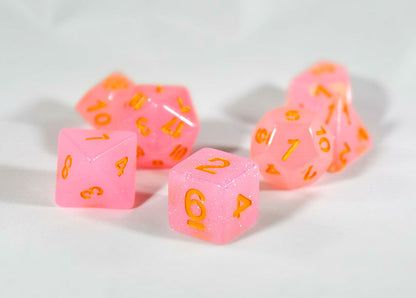 Sparkling Glitter Pink with Gold Numbers Poly Dice Set (7) RPG DnD HDdice