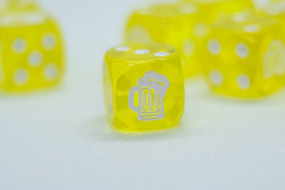 Clear Yellow w/White 16mm d6 Dice Featuring a White Mug on the '1' side (sold per die)
