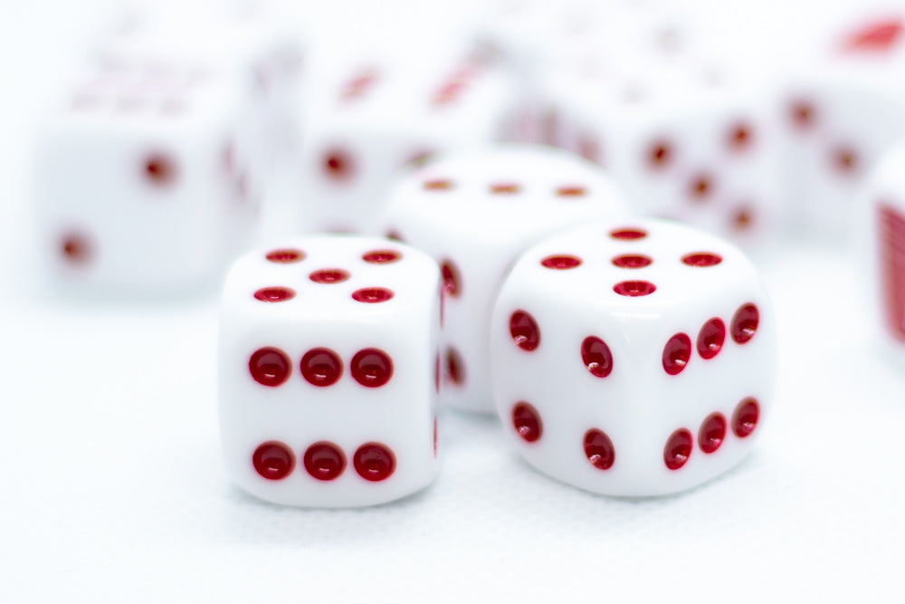 Opaque White w/Red 16mm d6 Dice Featuring a Red Cup on the '1' side (sold per die)