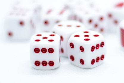 Opaque White w/Red 16mm d6 Dice Featuring a Red Cup on the '1' side (sold per die)