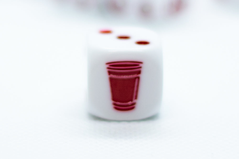 Opaque White w/Red 16mm d6 Dice Featuring a Red Cup on the '1' side (sold per die)