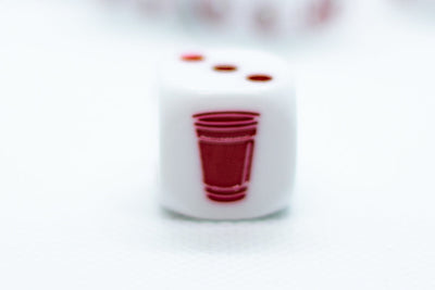 Opaque White w/Red 16mm d6 Dice Featuring a Red Cup on the '1' side (sold per die)