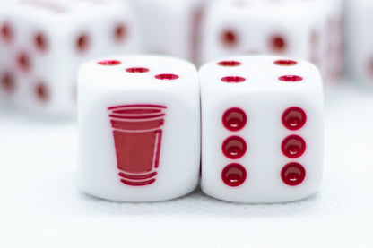 Opaque White w/Red 16mm d6 Dice Featuring a Red Cup on the '1' side (sold per die)